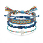Blue braided three-piece bracelet set with adjustable pull cords | BRA572-01 | image 1