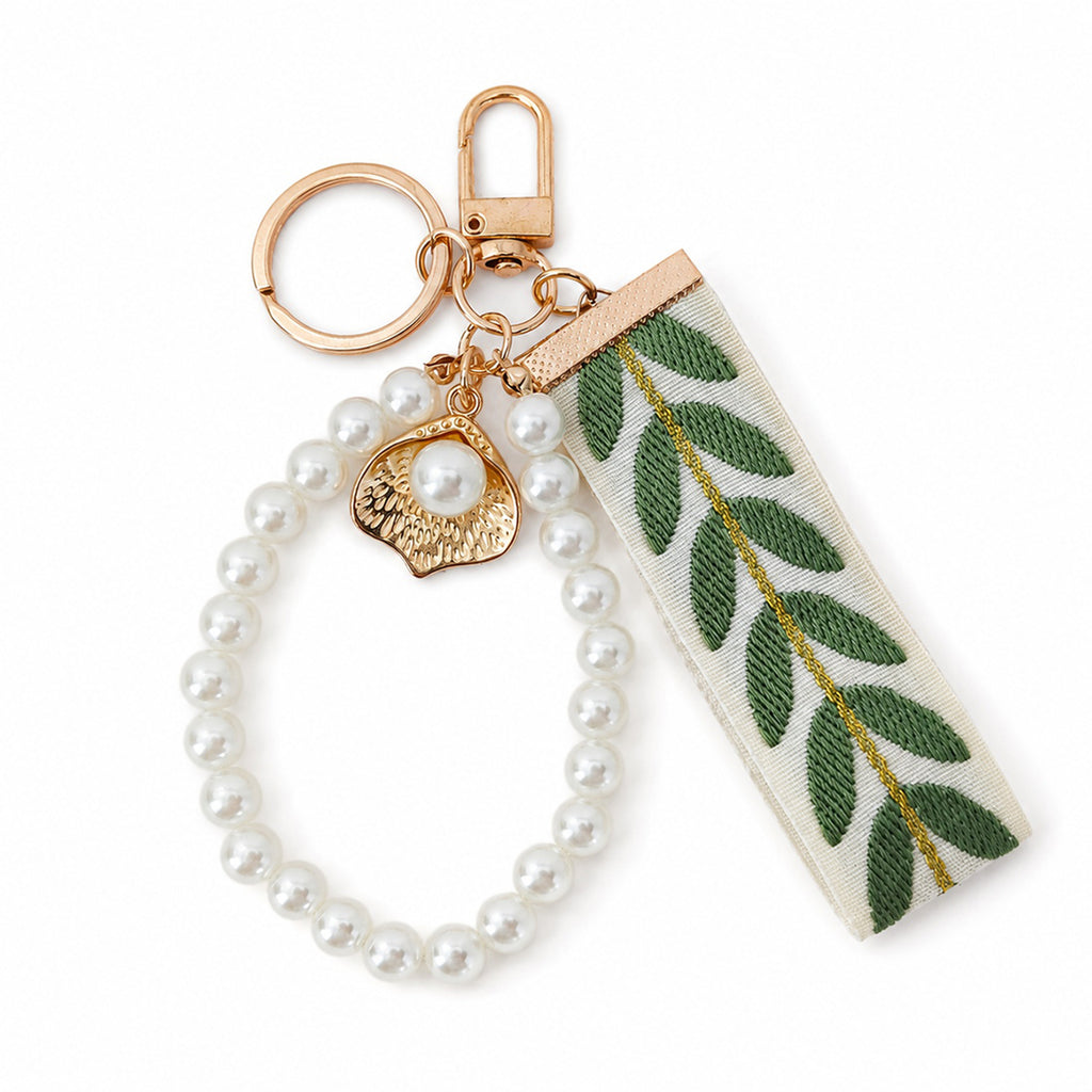 Ribbon keychain with woven detail and faux pearls | KCA055-02 | image 1