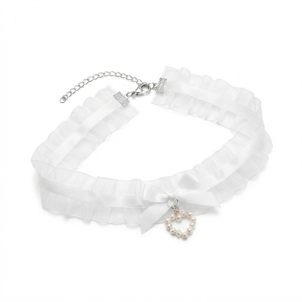 White Lace Bow Pearl Necklace with polyester fabric | NA866-04 | image 1