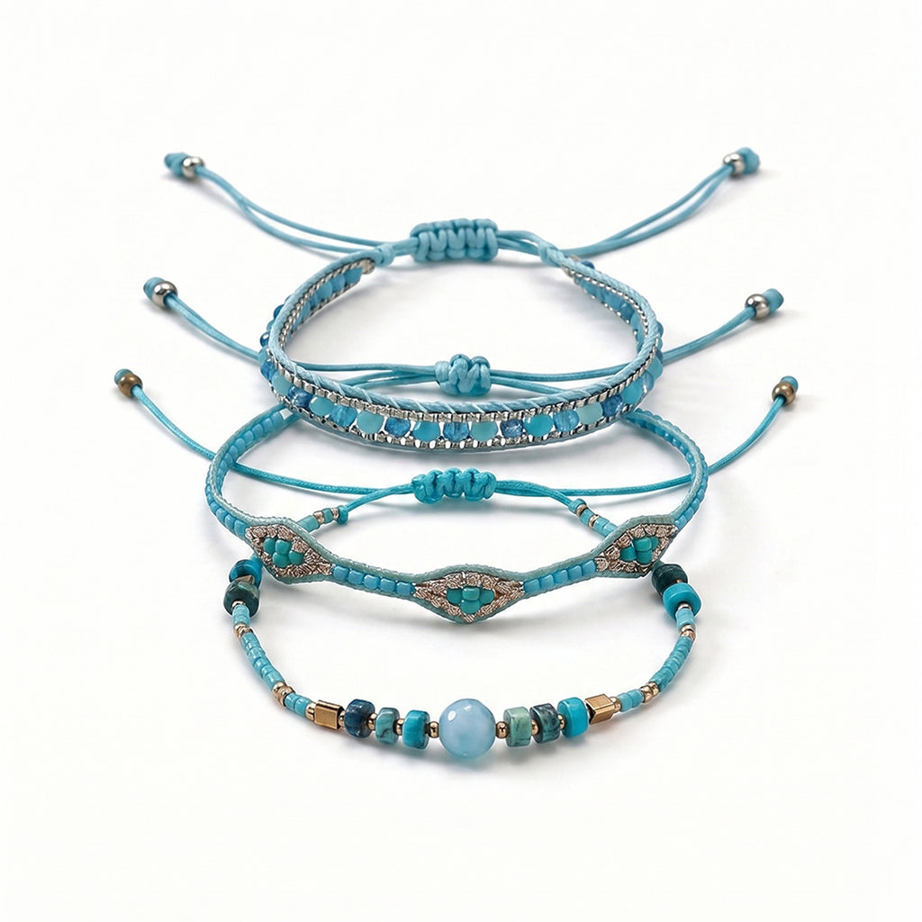 Teal braided three-piece bracelet set with adjustable pull cords | BRA517-01 | image 1