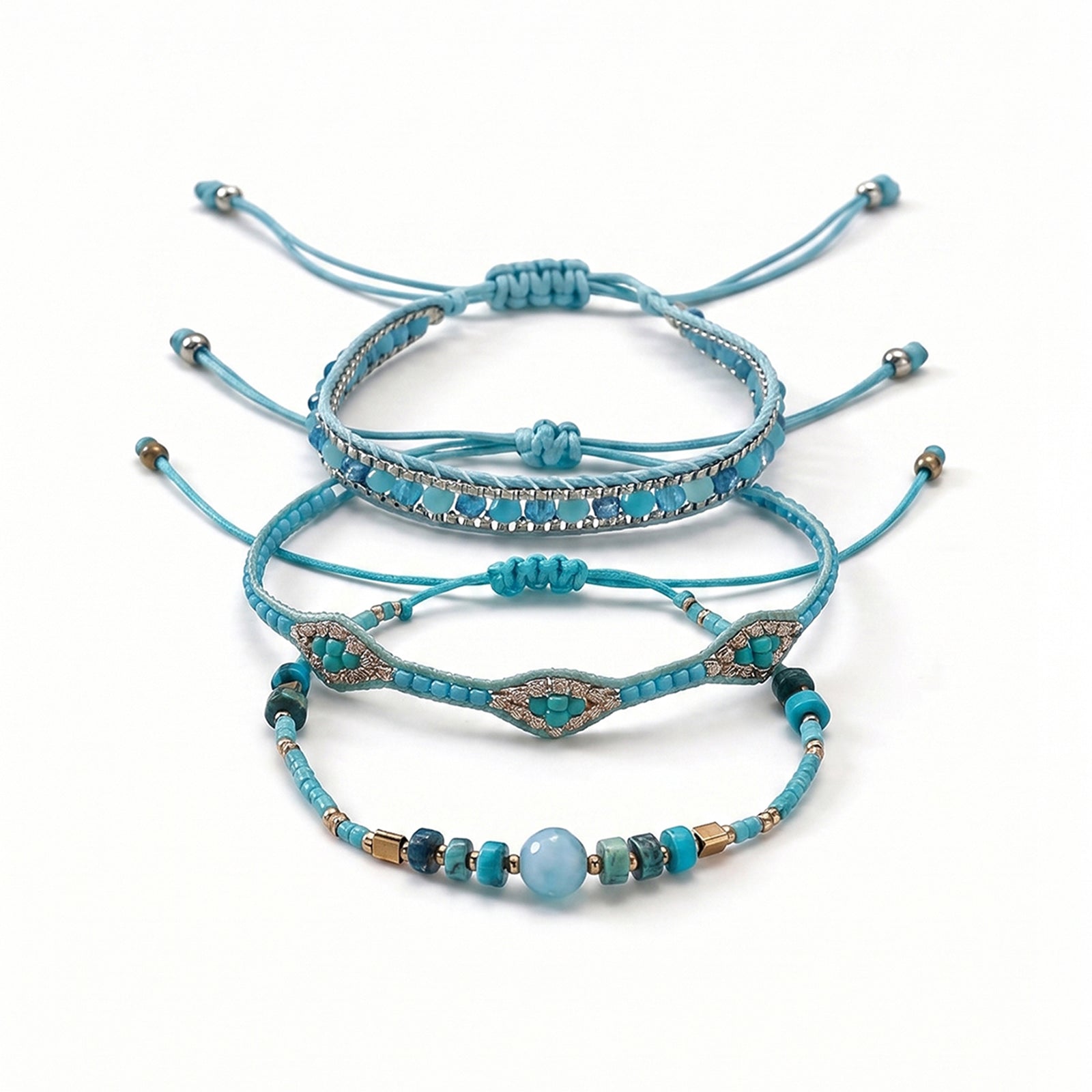 Teal braided three-piece bracelet set with adjustable pull cords | BRA517-01 | image 1
