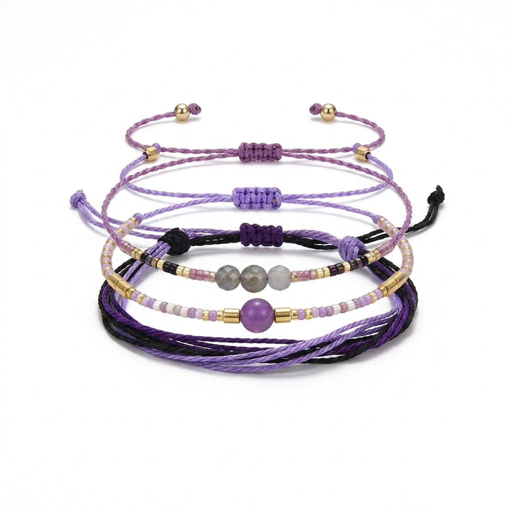 Purple braided three-piece bracelet set with adjustable pull cords | BRA590-01 | image 1