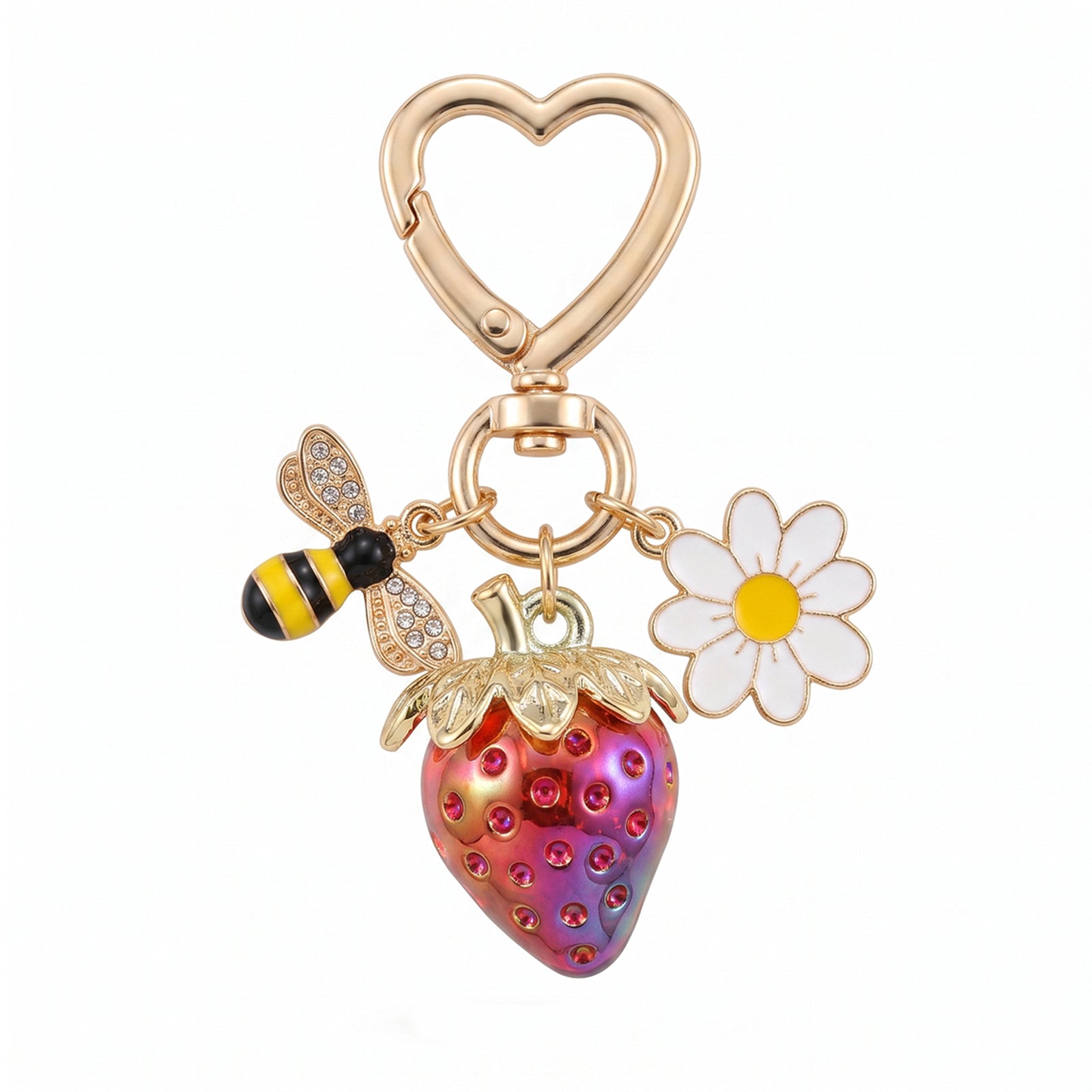 Gold-tone bee daisy strawberry keychain accessory | KCA092-05 | image 1