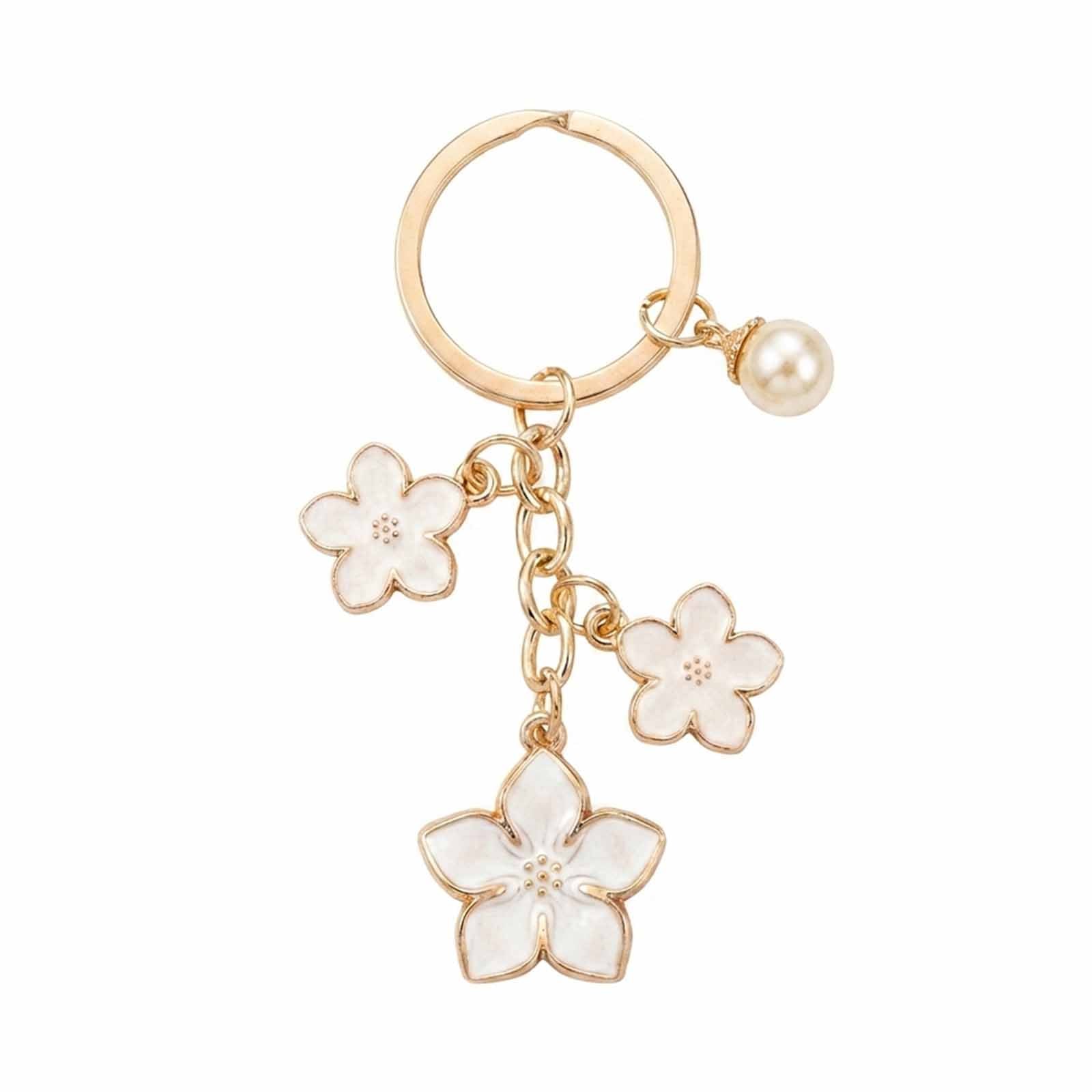 White cherry blossom keychain with pearl details | KCA070-13 | image 1