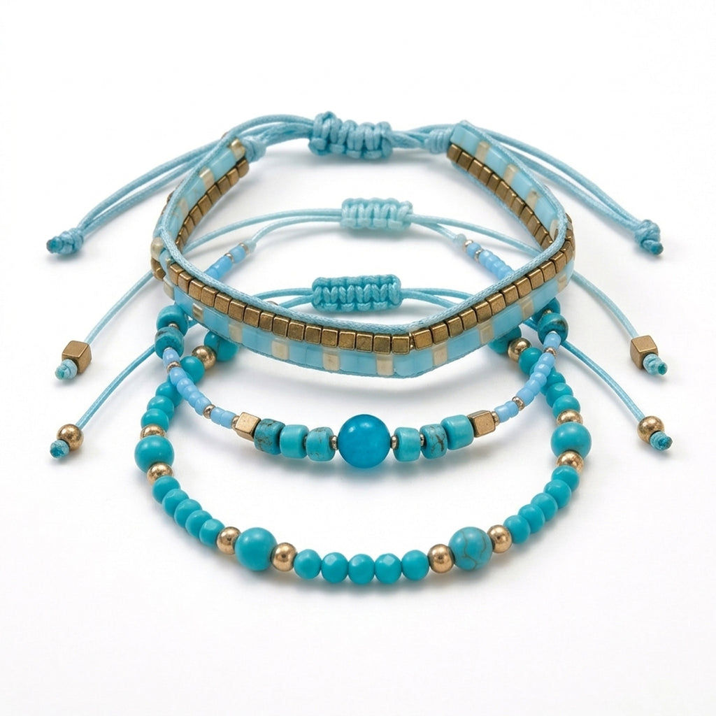 Teal braided three-piece bracelet set with adjustable pull cords | BRA513-01 | image 1
