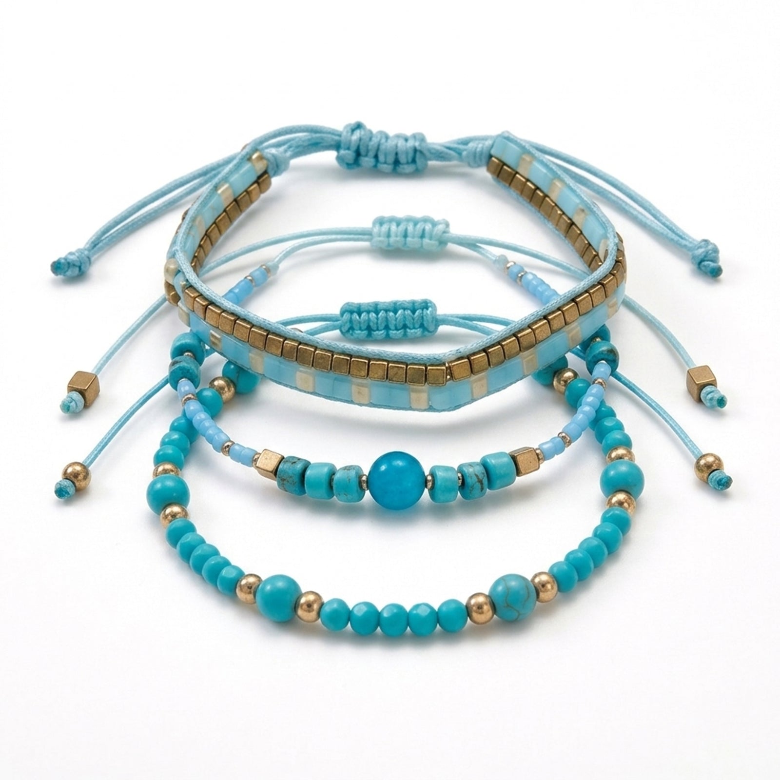 Teal braided three-piece bracelet set with adjustable pull cords | BRA513-01 | image 1