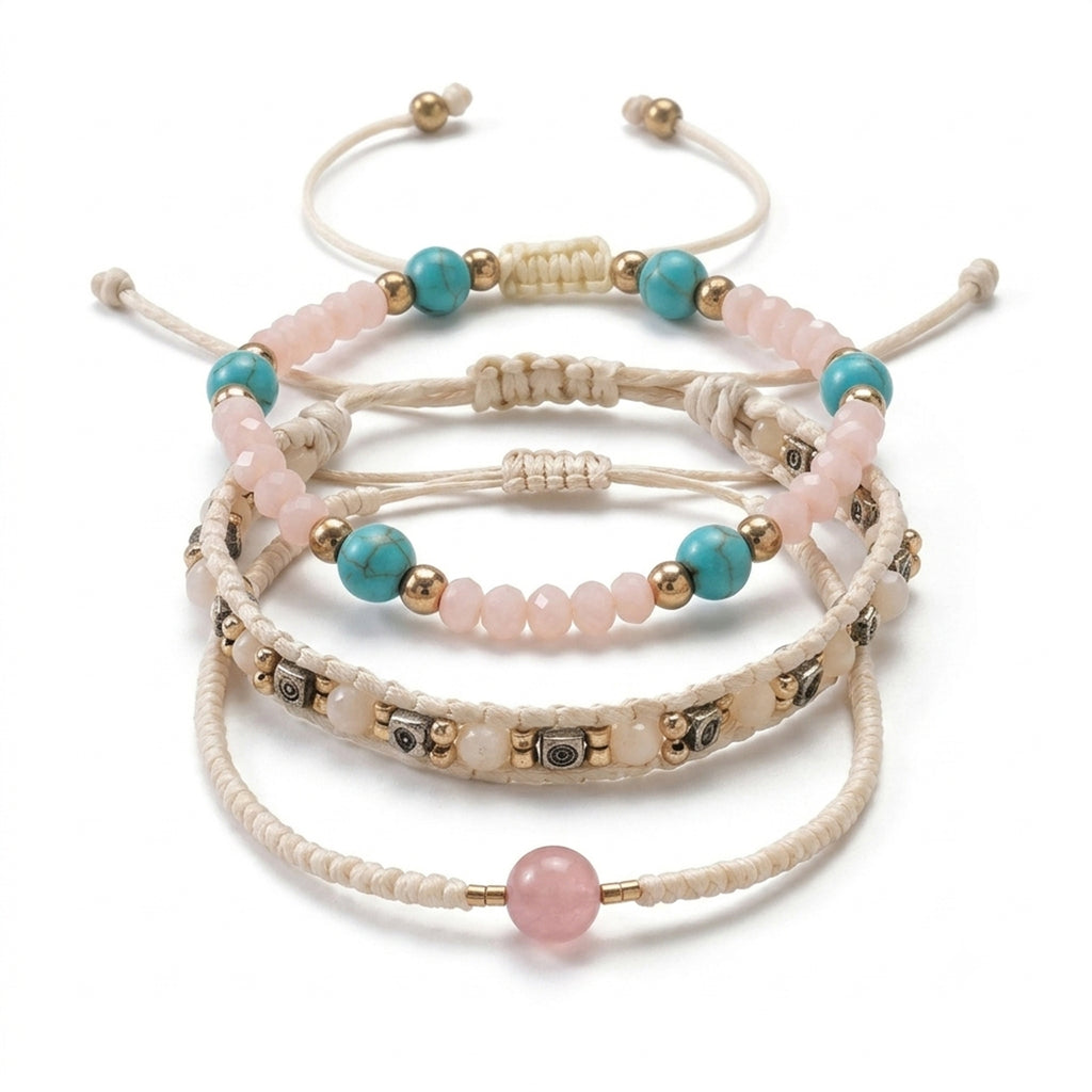 Beige braided three-piece bracelet set with adjustable pull cords | BRA515-01 | image 1