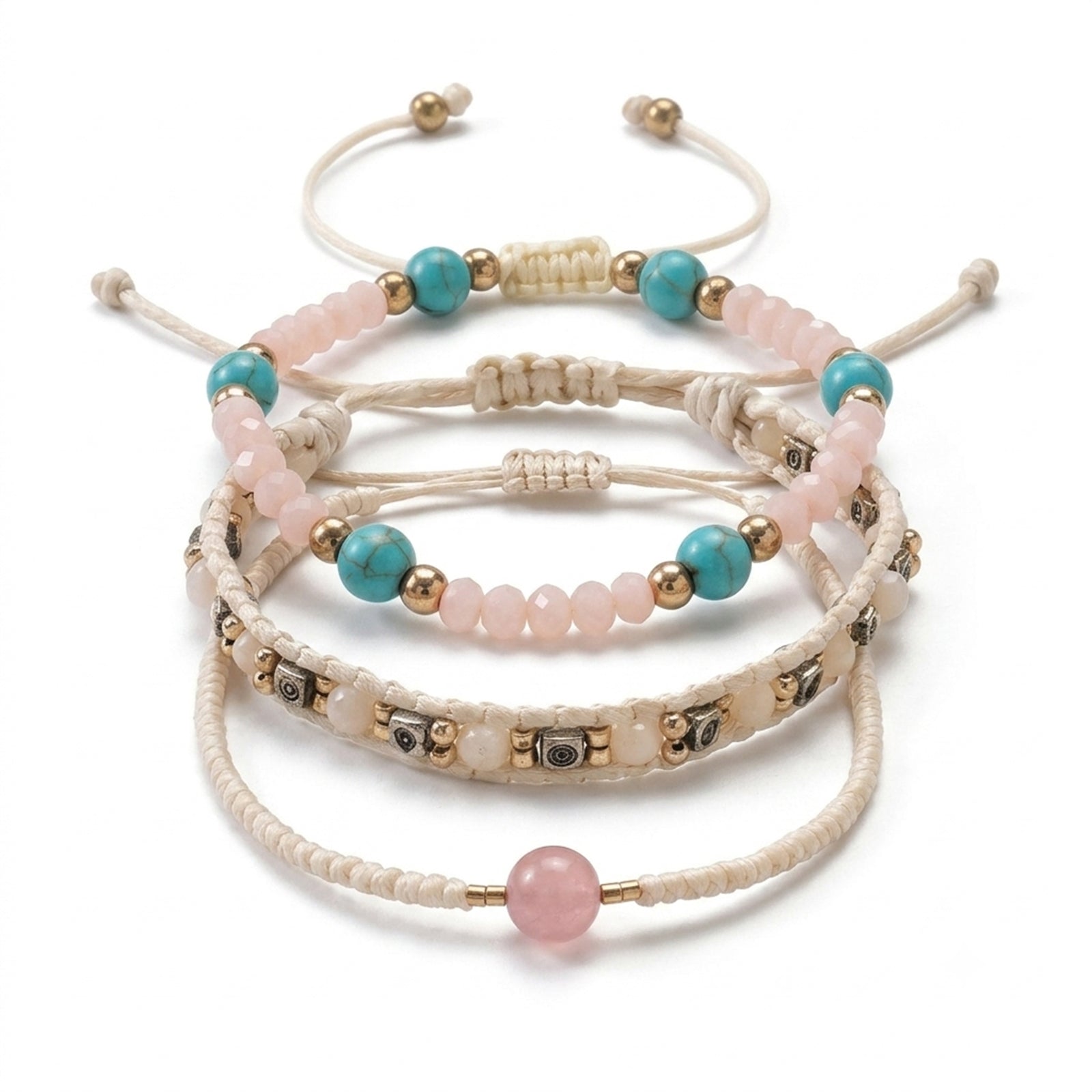 Beige braided three-piece bracelet set with adjustable pull cords | BRA515-01 | image 1