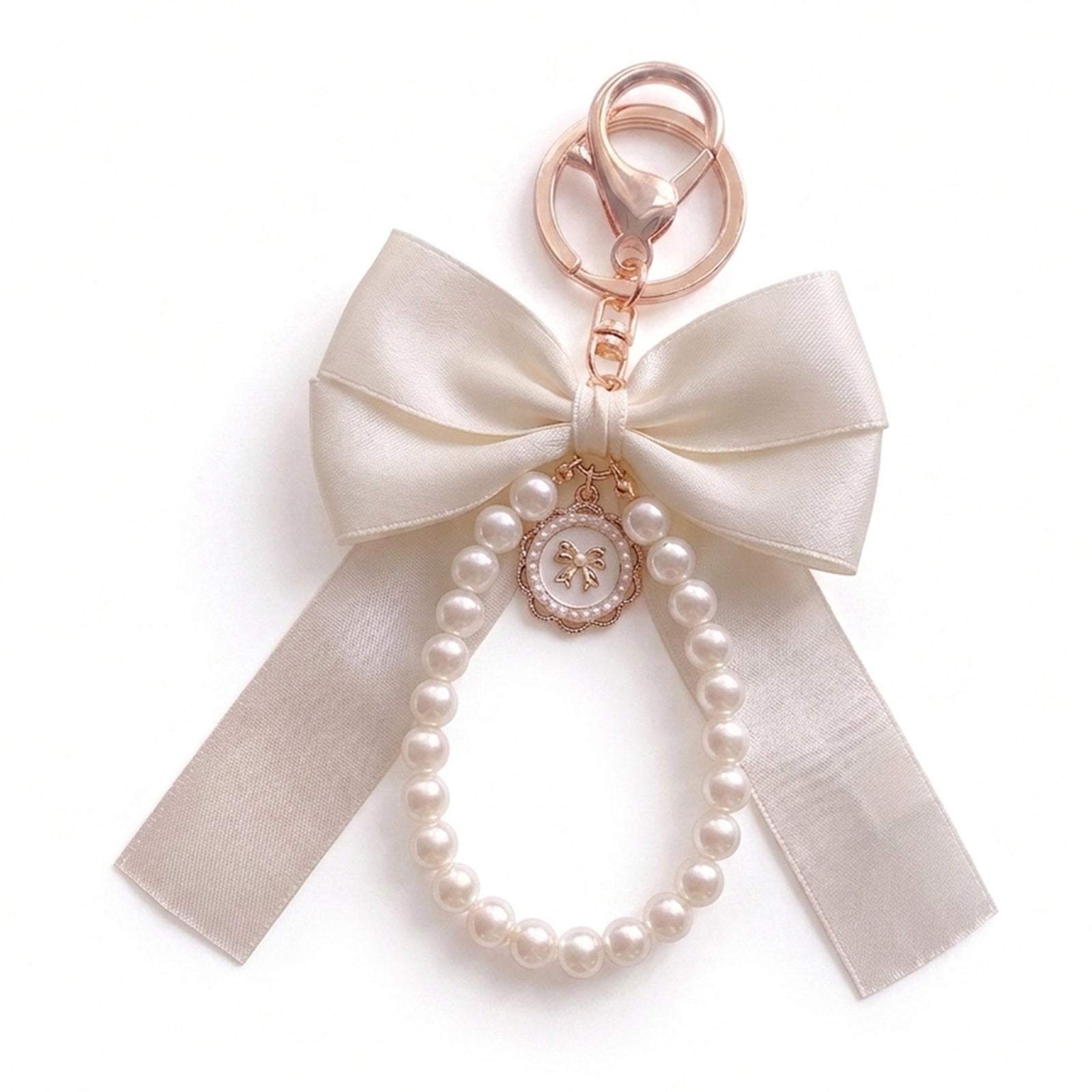 Ivory bow keychain with faux pearl strand | KCA051-05 | image 1