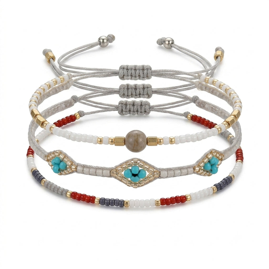 Gray braided three-piece bracelet set with adjustable pull cords | BRA568-01 | image 1