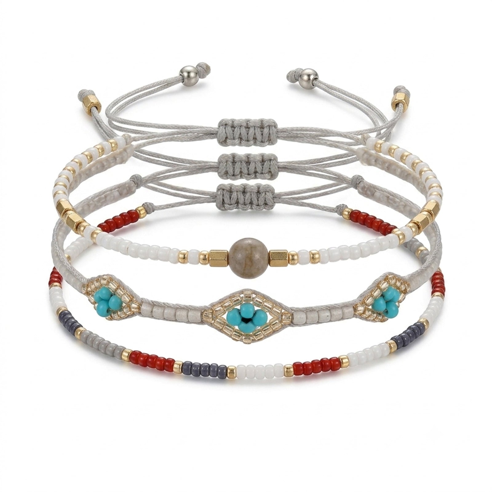 Gray braided three-piece bracelet set with adjustable pull cords | BRA568-01 | image 1