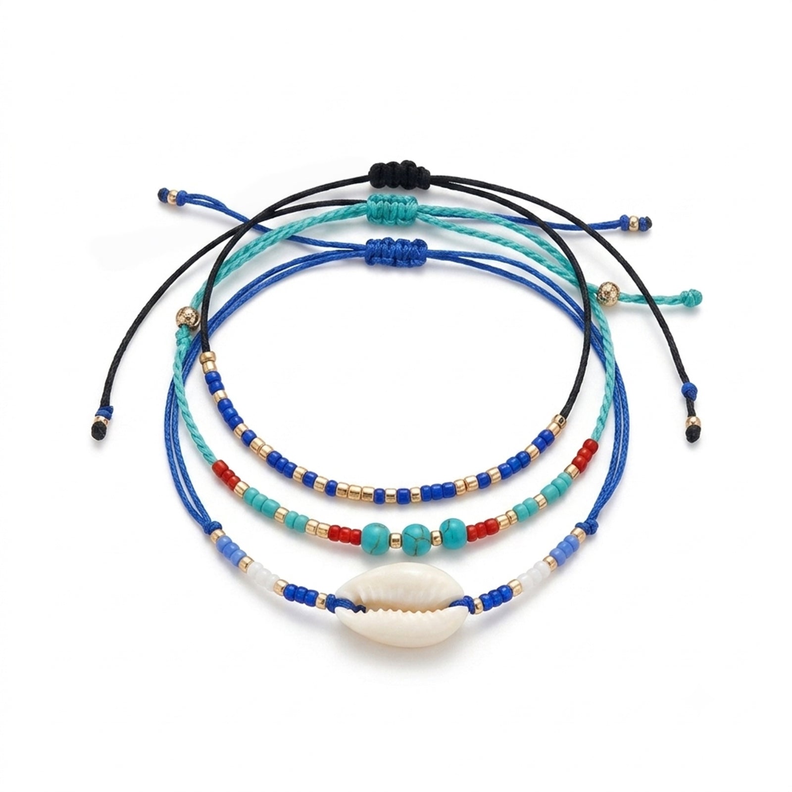 Blue braided three-piece bracelet set with adjustable pull cords | BRA581-01 | image 1
