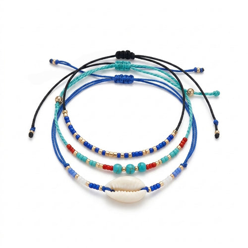 Blue braided three-piece bracelet set with adjustable pull cords | BRA581-01 | image 1