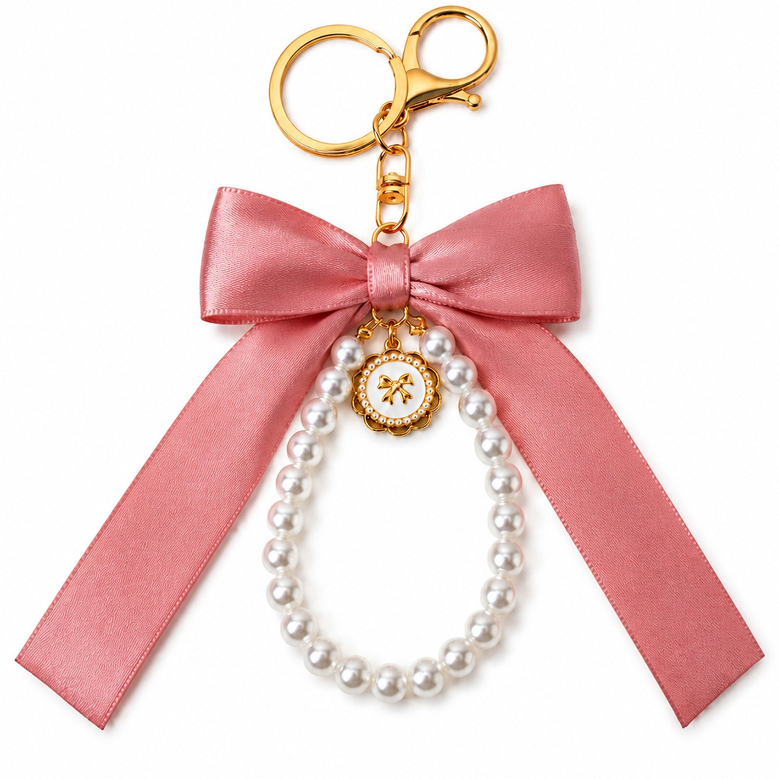 Pink bow keychain with faux pearl strand | KCA051-01 | image 1