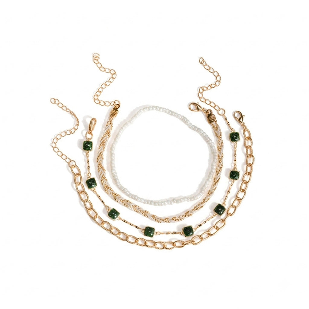 Green Stone Beaded Anklet Set with zinc alloy details | JL7342-01 | image 1