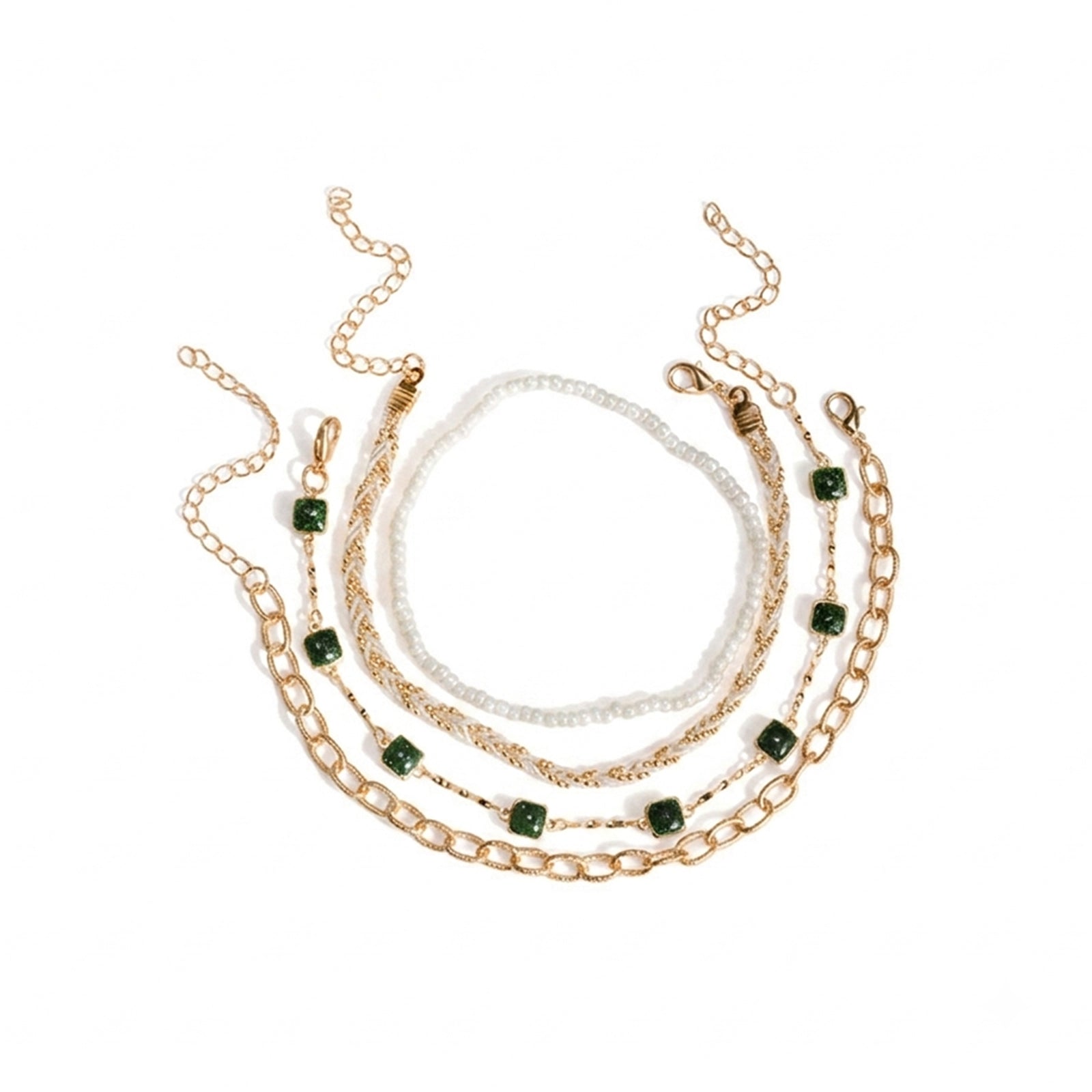Green Stone Beaded Anklet Set with zinc alloy details | JL7342-01 | image 1