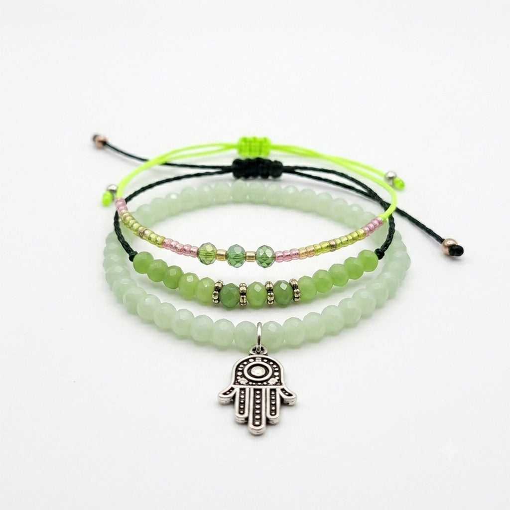Green braided three-piece bracelet set with adjustable pull cords | BRA579-01 | image 1