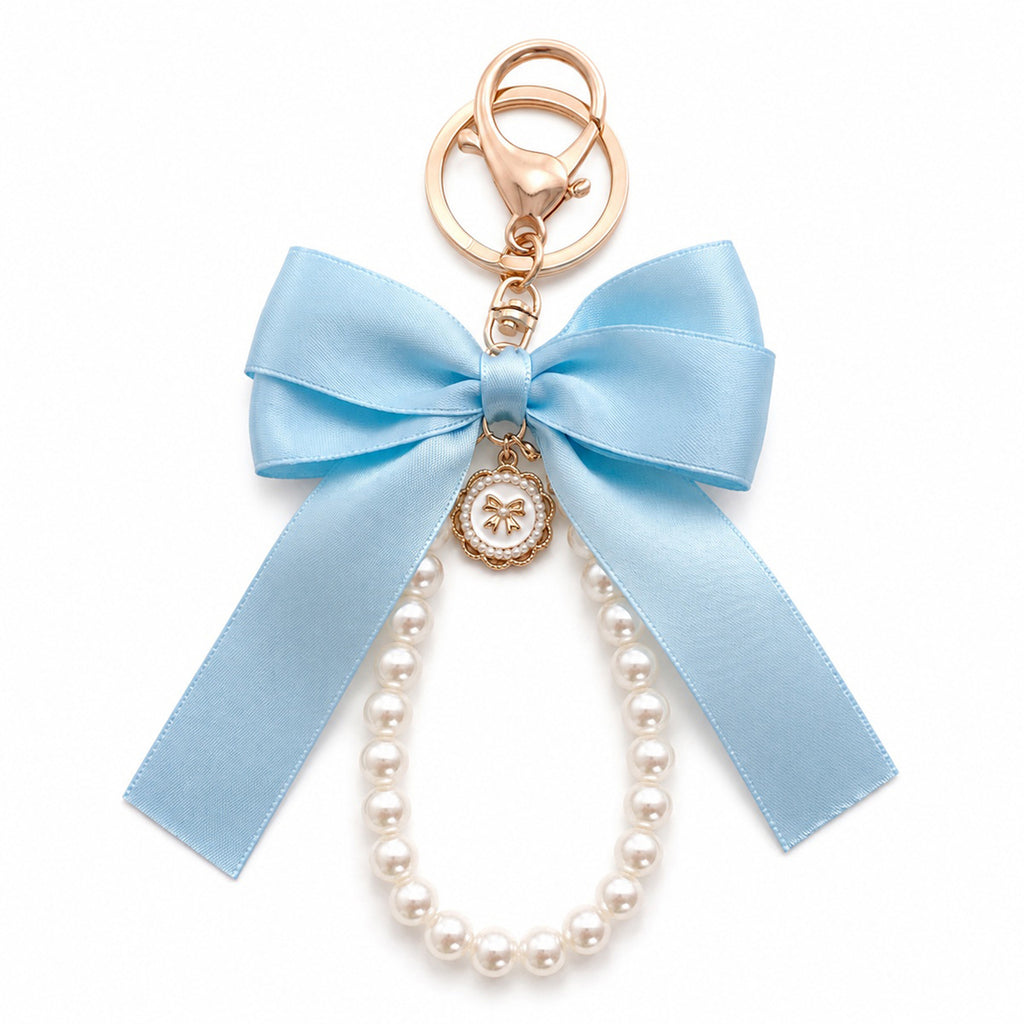 Blue bow keychain with faux pearl strand | KCA051-03 | image 1