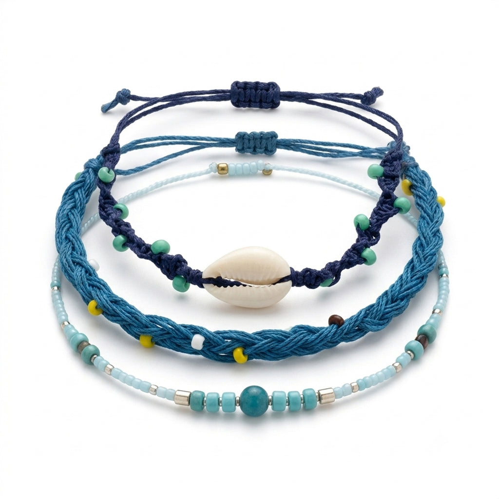 Blue braided three-piece bracelet set with adjustable pull cords | BRA583-01 | image 1