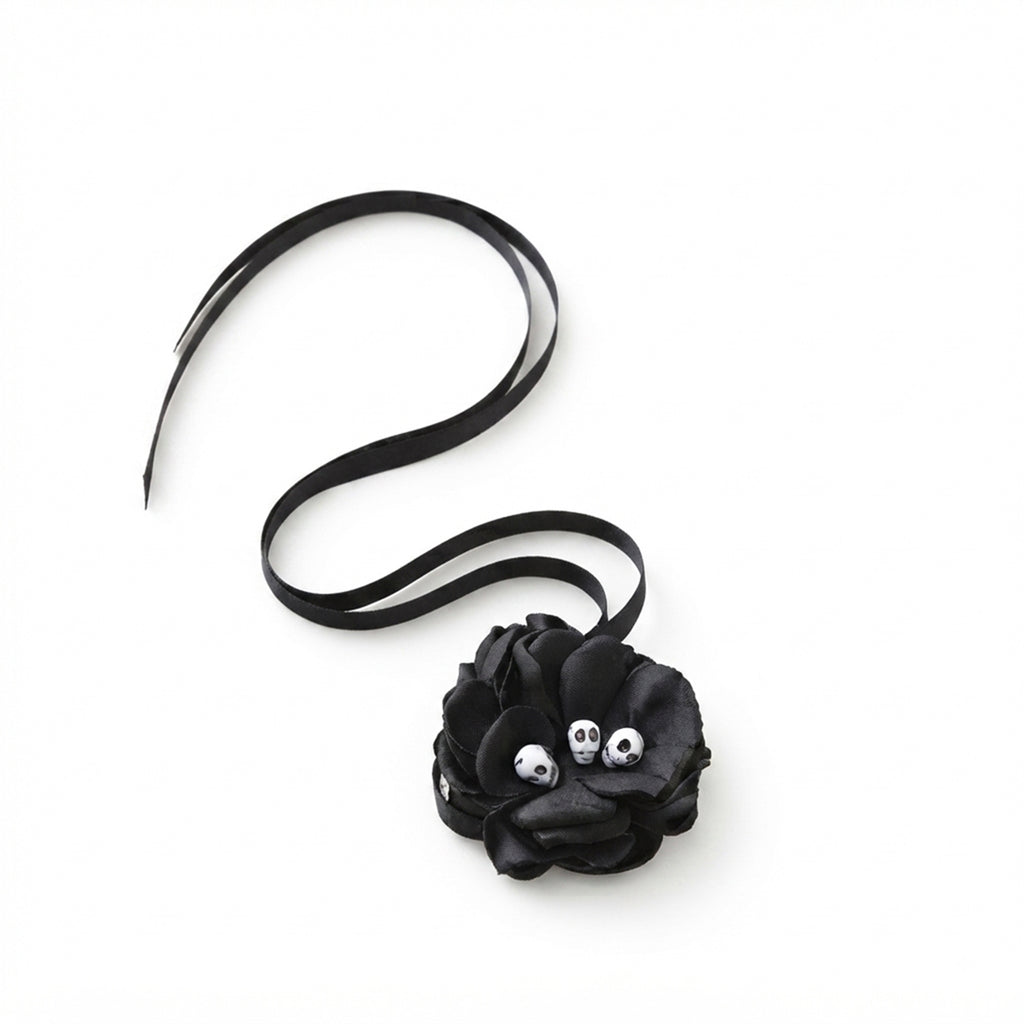 Black Skull Flower Ribbon Necklace with polyester fabric | NA707-01 | image 1