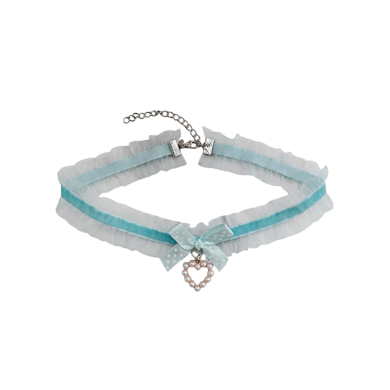 Blue Polka Dot Bow Pearl Necklace with polyester fabric | NA866-05 | image 1