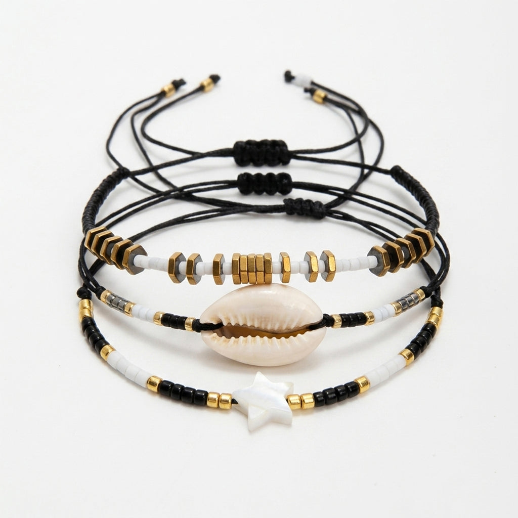 Black braided three-piece bracelet set with adjustable pull cords | BRA584-01 | image 1