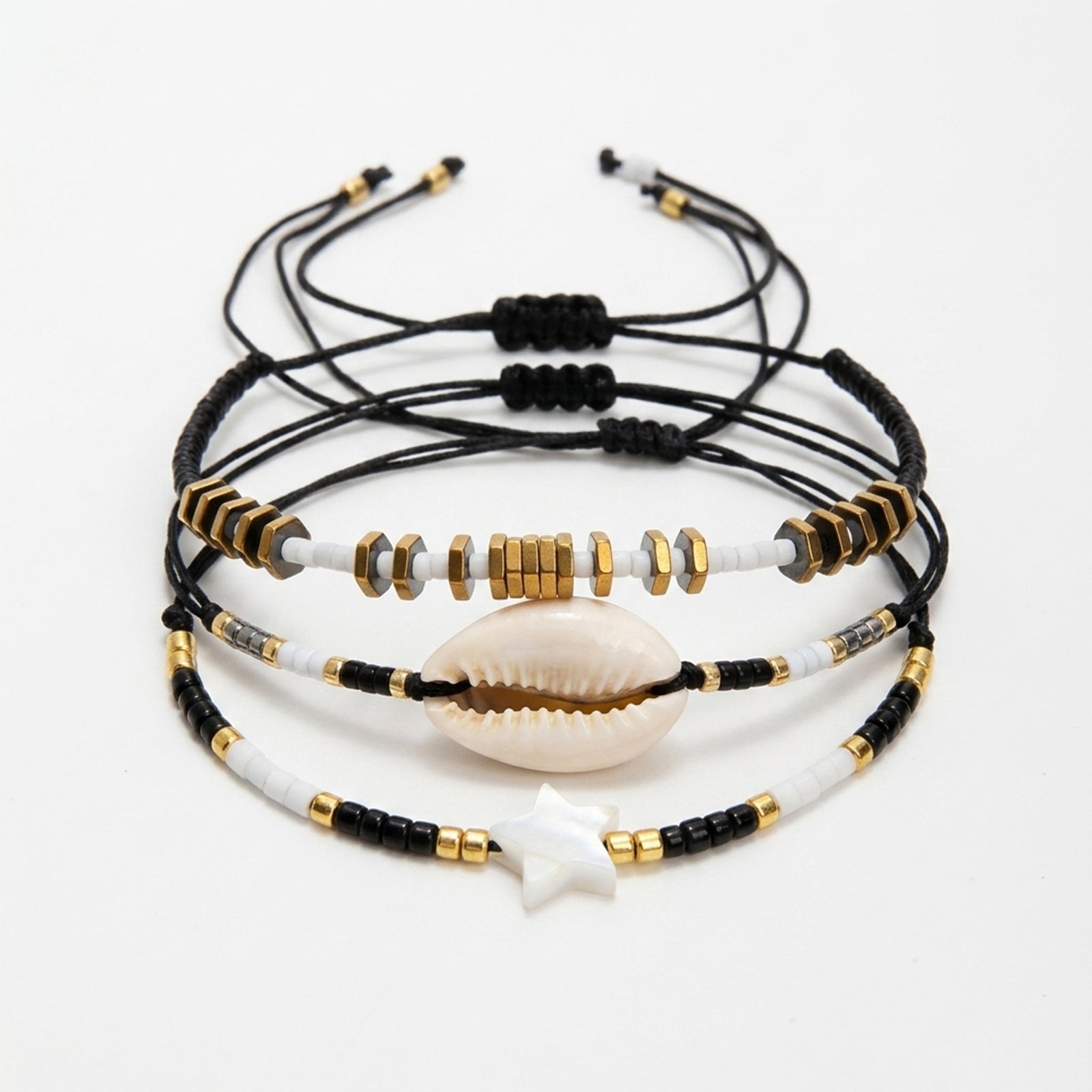 Black braided three-piece bracelet set with adjustable pull cords | BRA584-01 | image 1