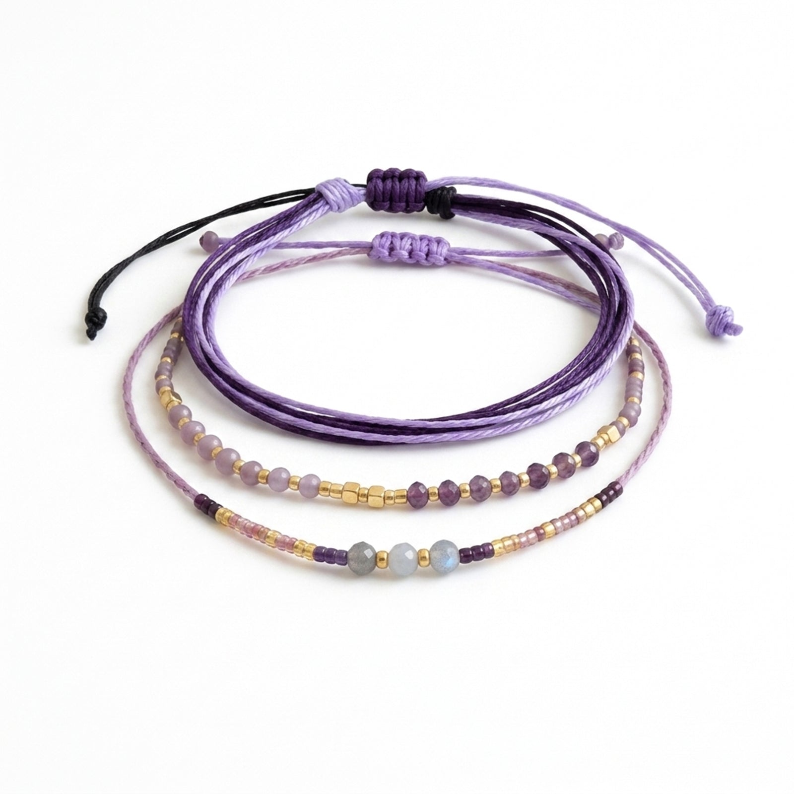 Dark Purple braided three-piece bracelet set with adjustable pull cords | BRA561-01 | image 1