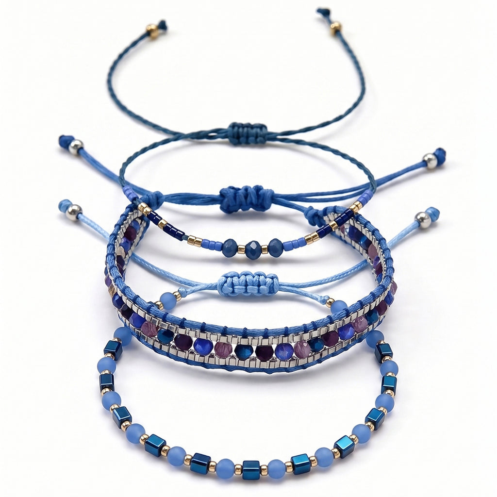 Blue braided three-piece bracelet set with adjustable pull cords | BRA512-01 | image 1