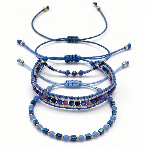 Blue braided three-piece bracelet set with adjustable pull cords | BRA512-01 | image 1