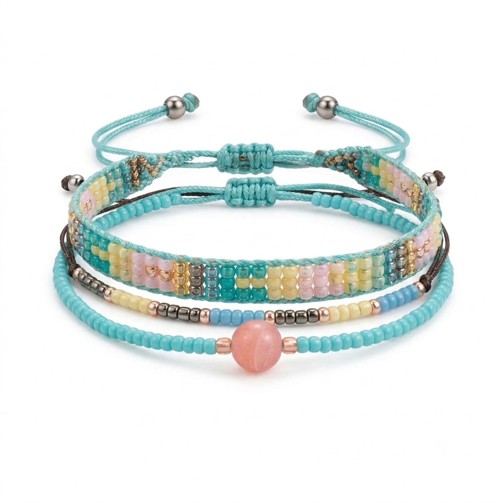 Blue braided three-piece bracelet set with adjustable pull cords | BRA565-01 | image 1