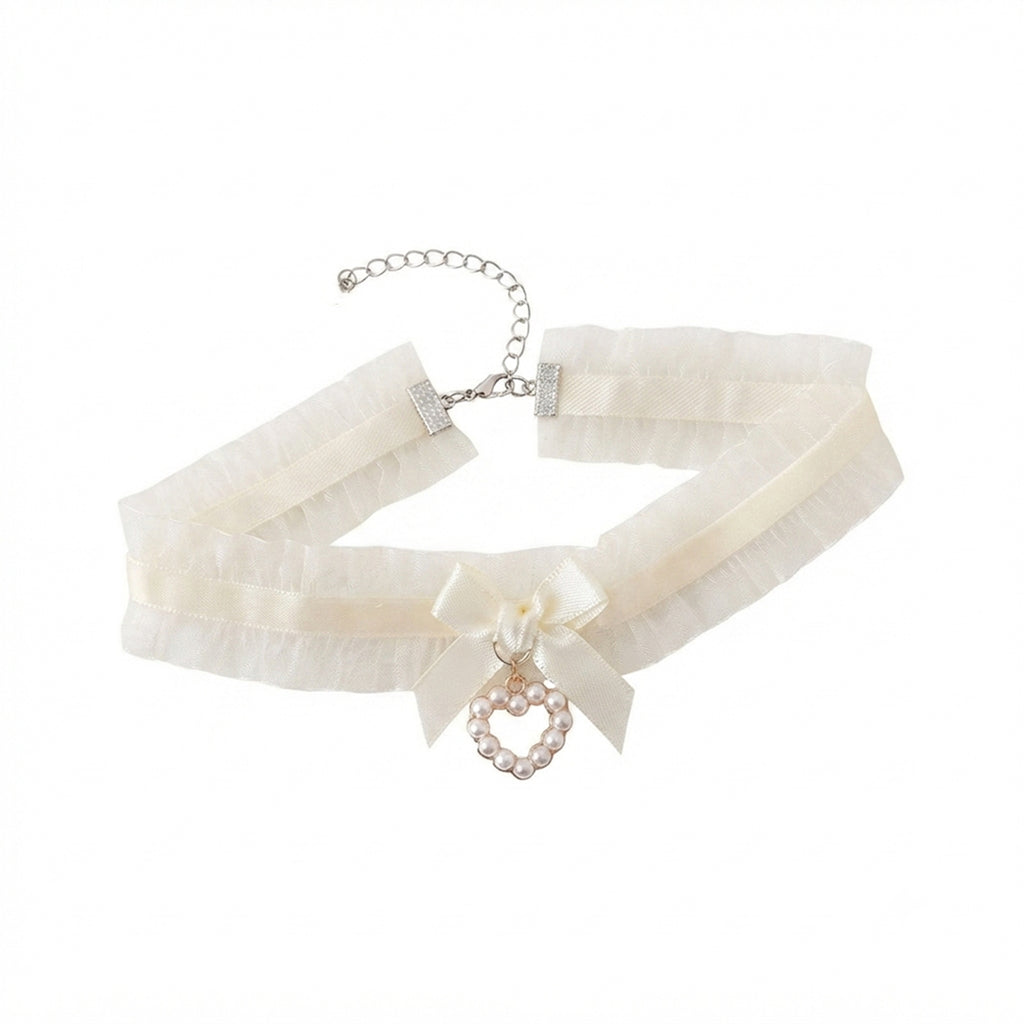 Beige Lace Bow Pearl Necklace with polyester fabric | NA866-01 | image 1