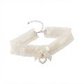 Beige Lace Bow Pearl Necklace with polyester fabric | NA866-01 | image 1