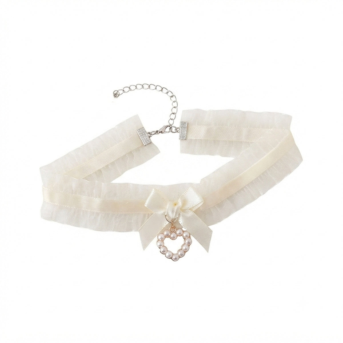 Beige Lace Bow Pearl Necklace with polyester fabric | NA866-01 | image 1