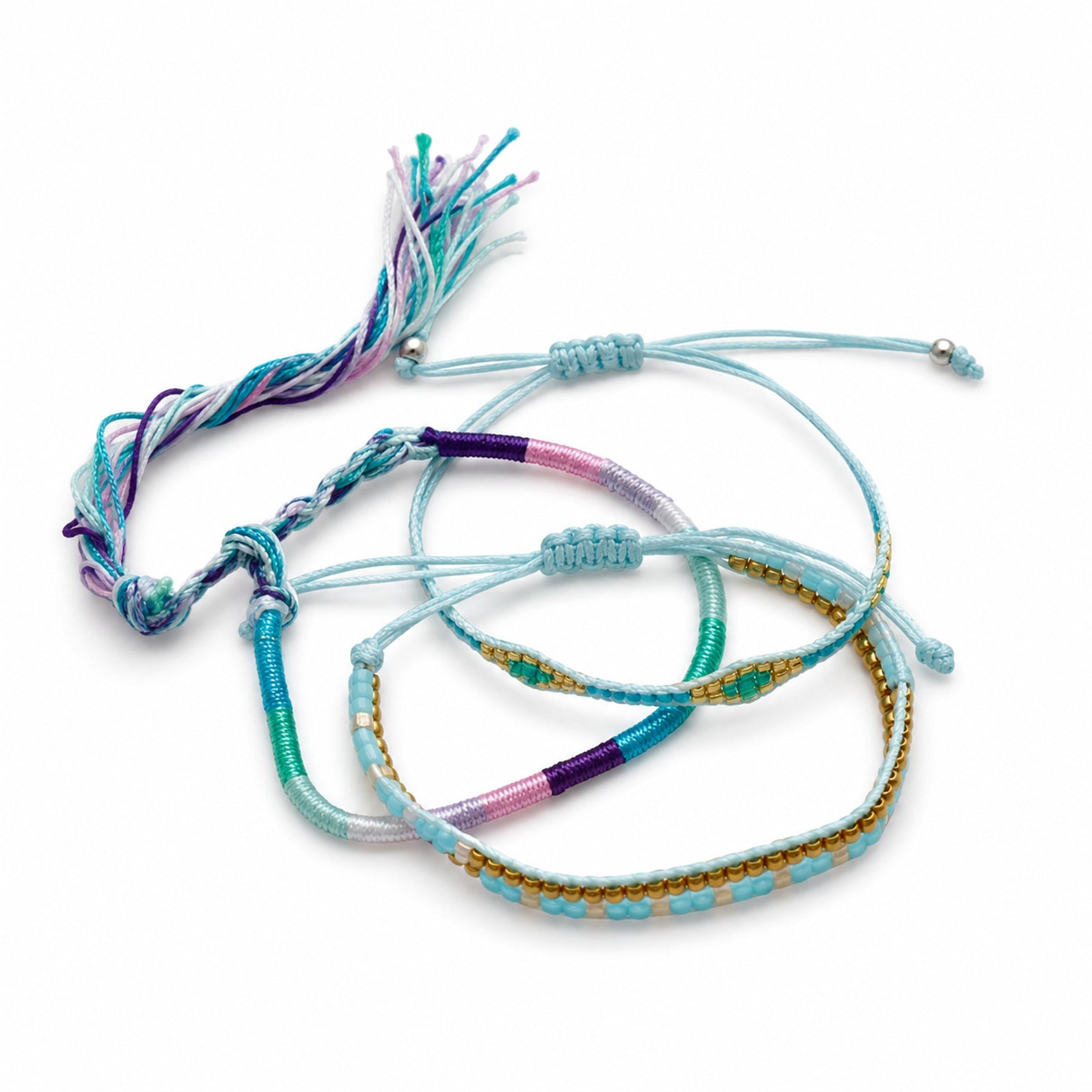 Blue braided three-piece bracelet set with adjustable pull cords | BRA574-01 | image 1