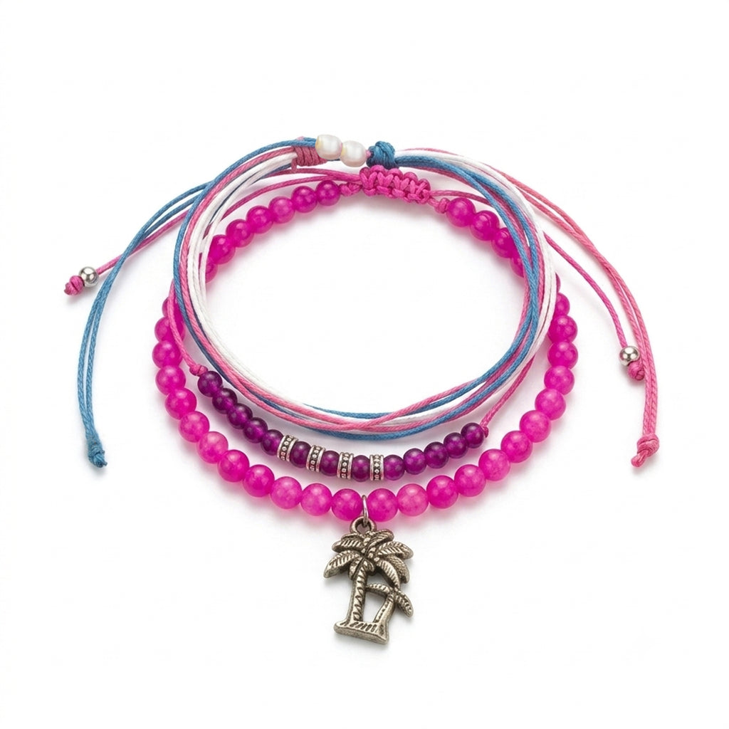Fuchsia braided three-piece bracelet set with adjustable pull cords | BRA562-01 | image 1