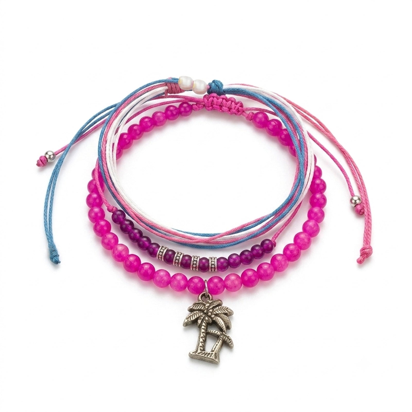 Fuchsia braided three-piece bracelet set with adjustable pull cords | BRA562-01 | image 1