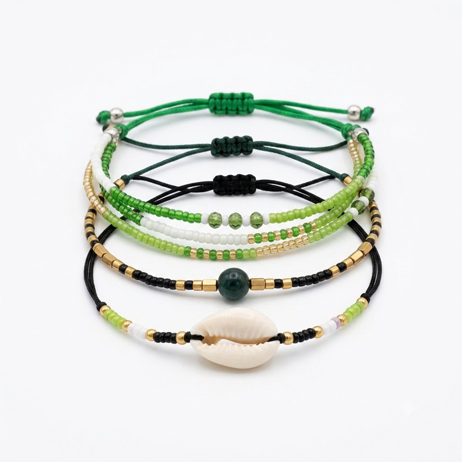 Green braided three-piece bracelet set with adjustable pull cords | BRA580-01 | image 1