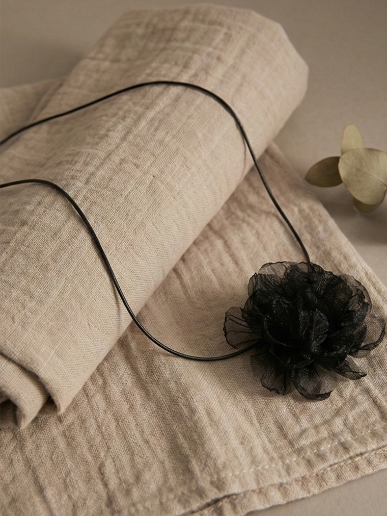 Black Floral Cord Necklace with polyester fabric | NA637-08 | image 2