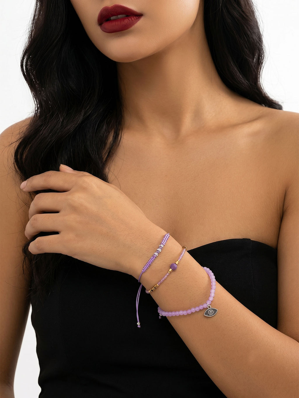 Purple braided three-piece bracelet set with adjustable pull cords | BRA560-01 | image 2