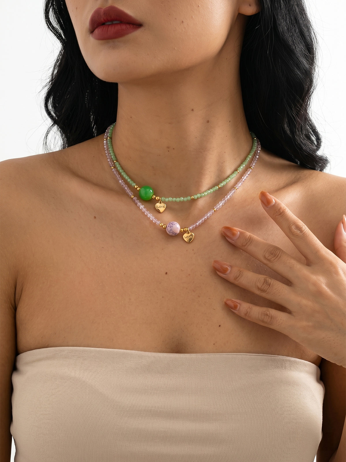Pink Green Faux Crystal Necklace Set with glass details | NA566-01 | image 2