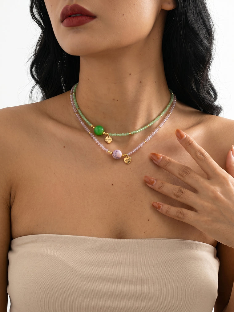 Pink Green Faux Crystal Necklace Set with glass details | NA566-01 | image 2