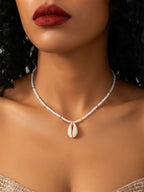 White Beaded Shell Necklace with plastic components | NA642-02 | image 2
