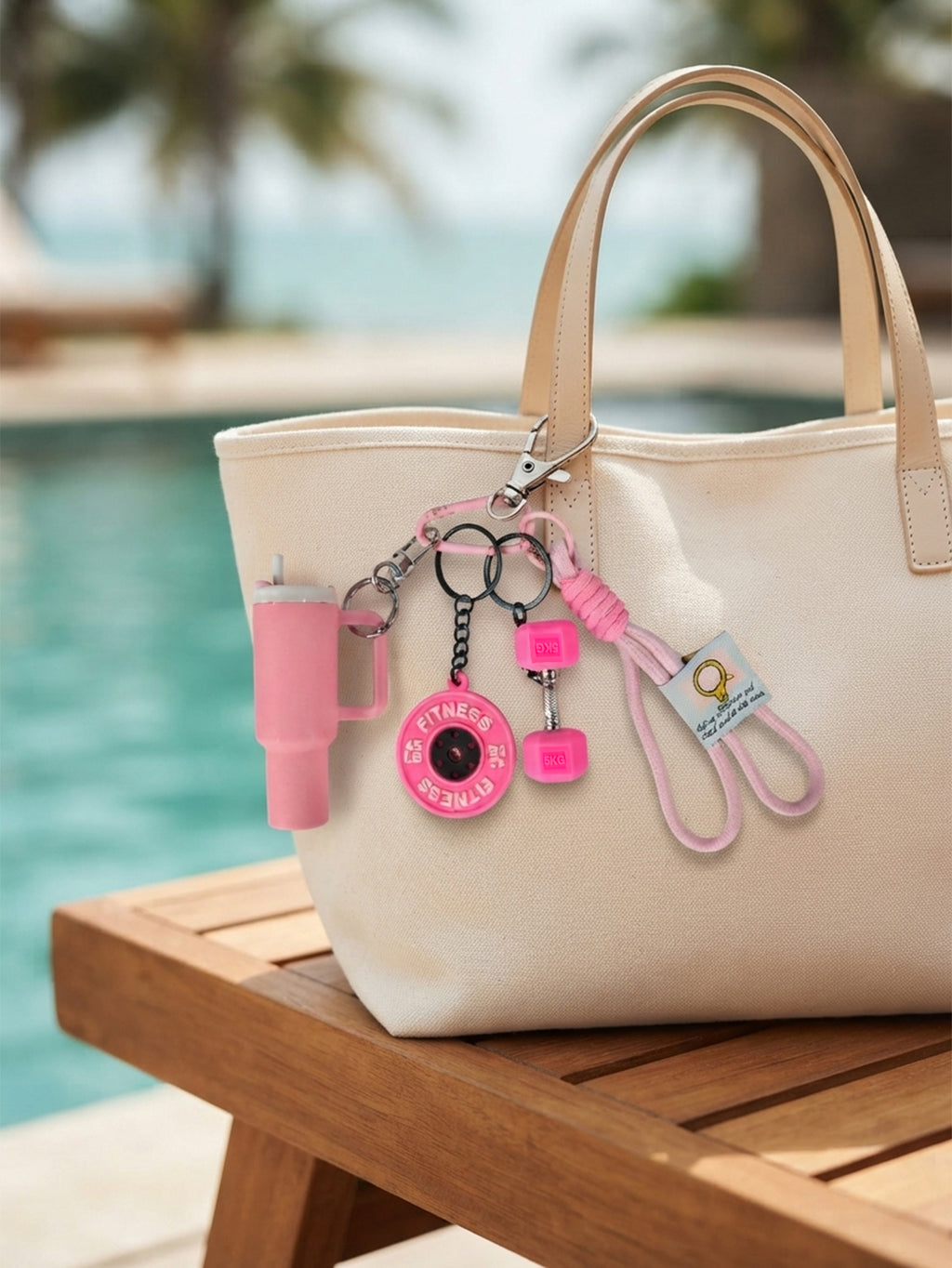 Pink bottle and dumbbell fitness keychain | KCA085-05 | image 2