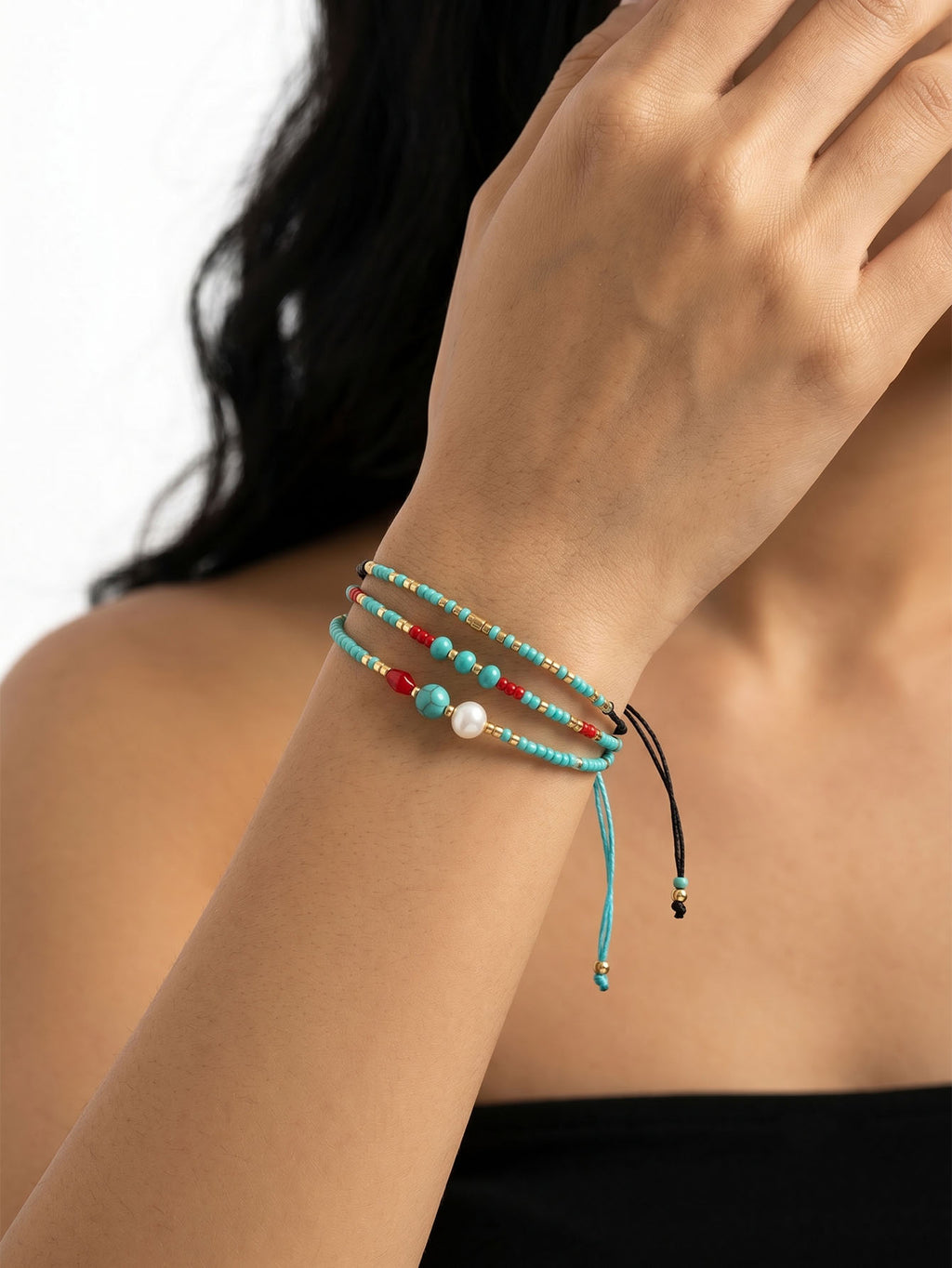 Blue braided three-piece bracelet set with adjustable pull cords | BRA566-01 | image 2