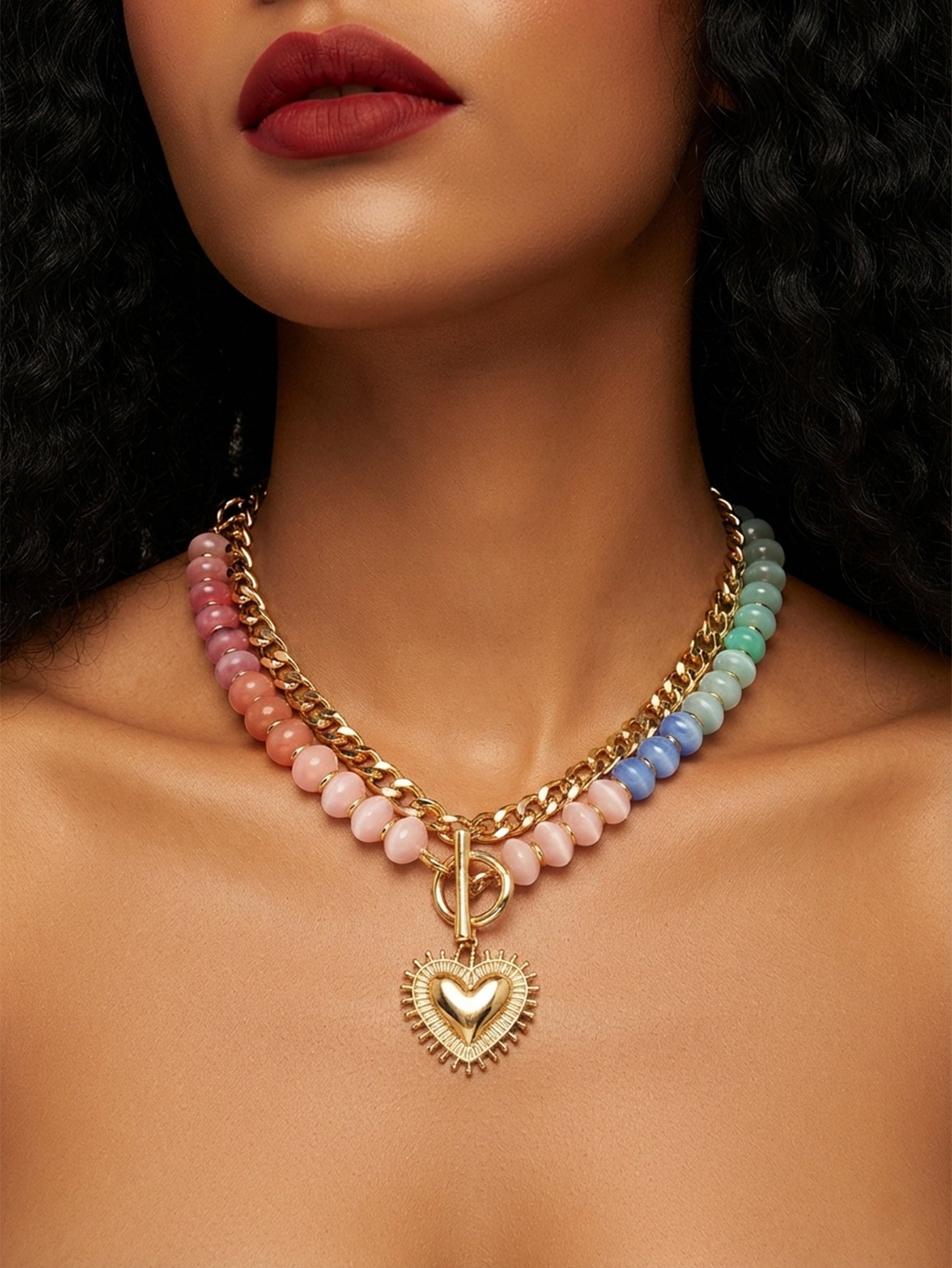 14K Gold-Plated Heart Beaded Necklace with zinc-alloy hardware | NA946-01 | image 2