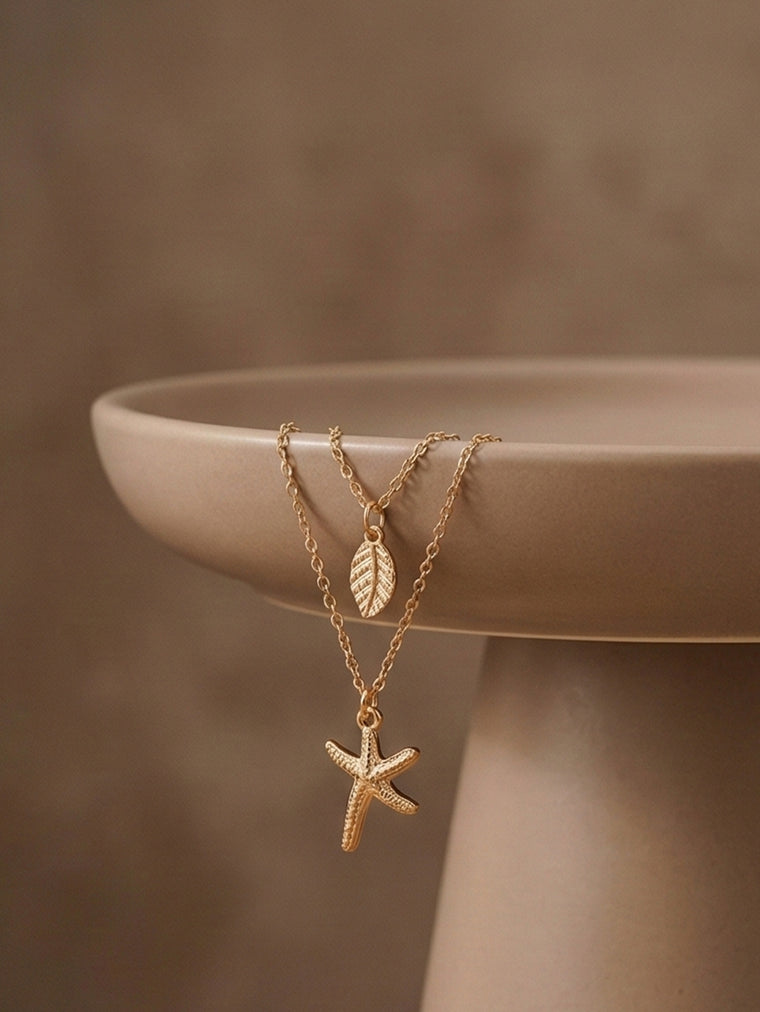 Gold-Tone Leaf Starfish Layered Necklace with zinc-alloy hardware | NA466-01 | image 2