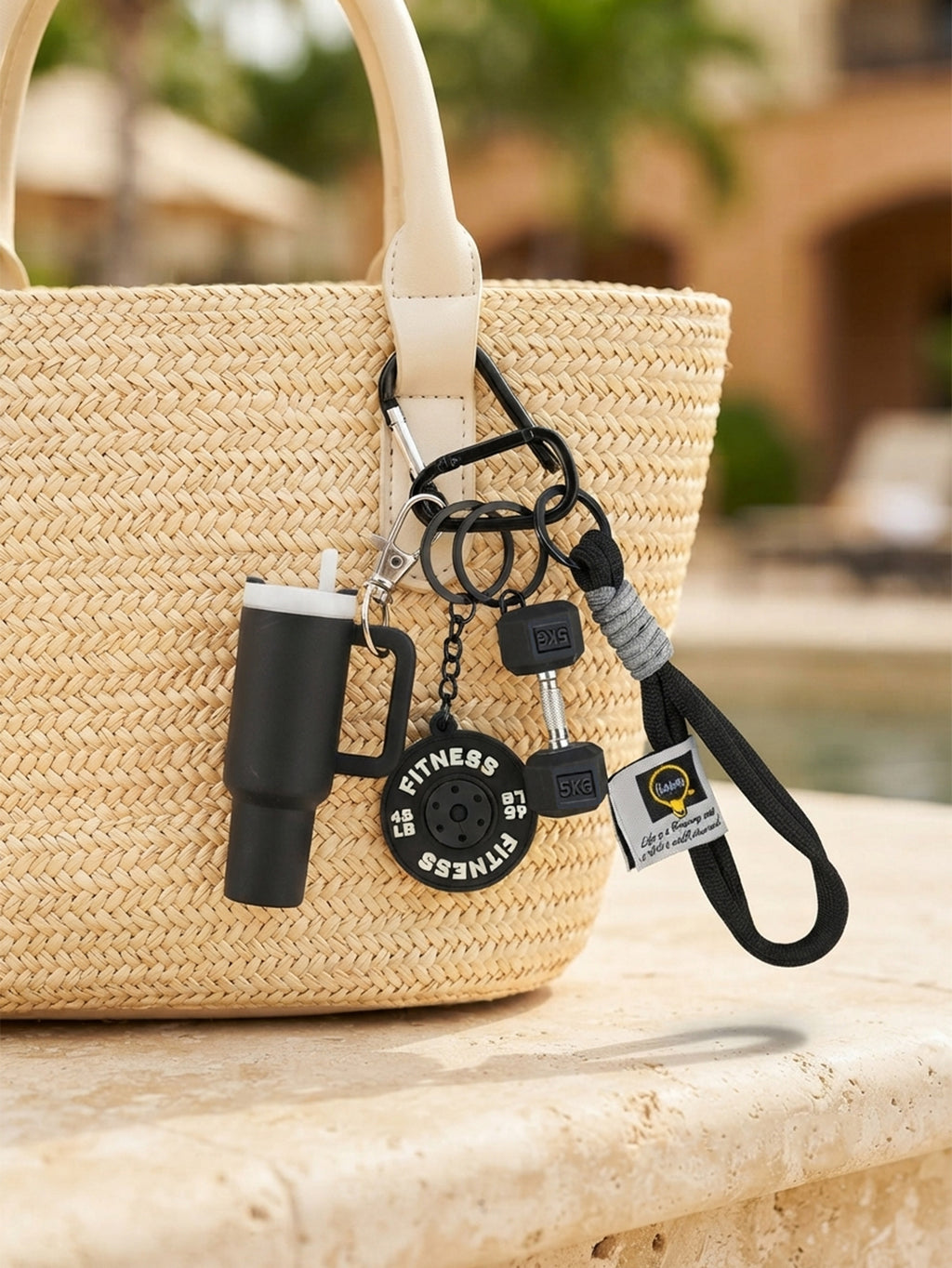 Pink bottle and dumbbell fitness keychain | KCA085-06 | image 2