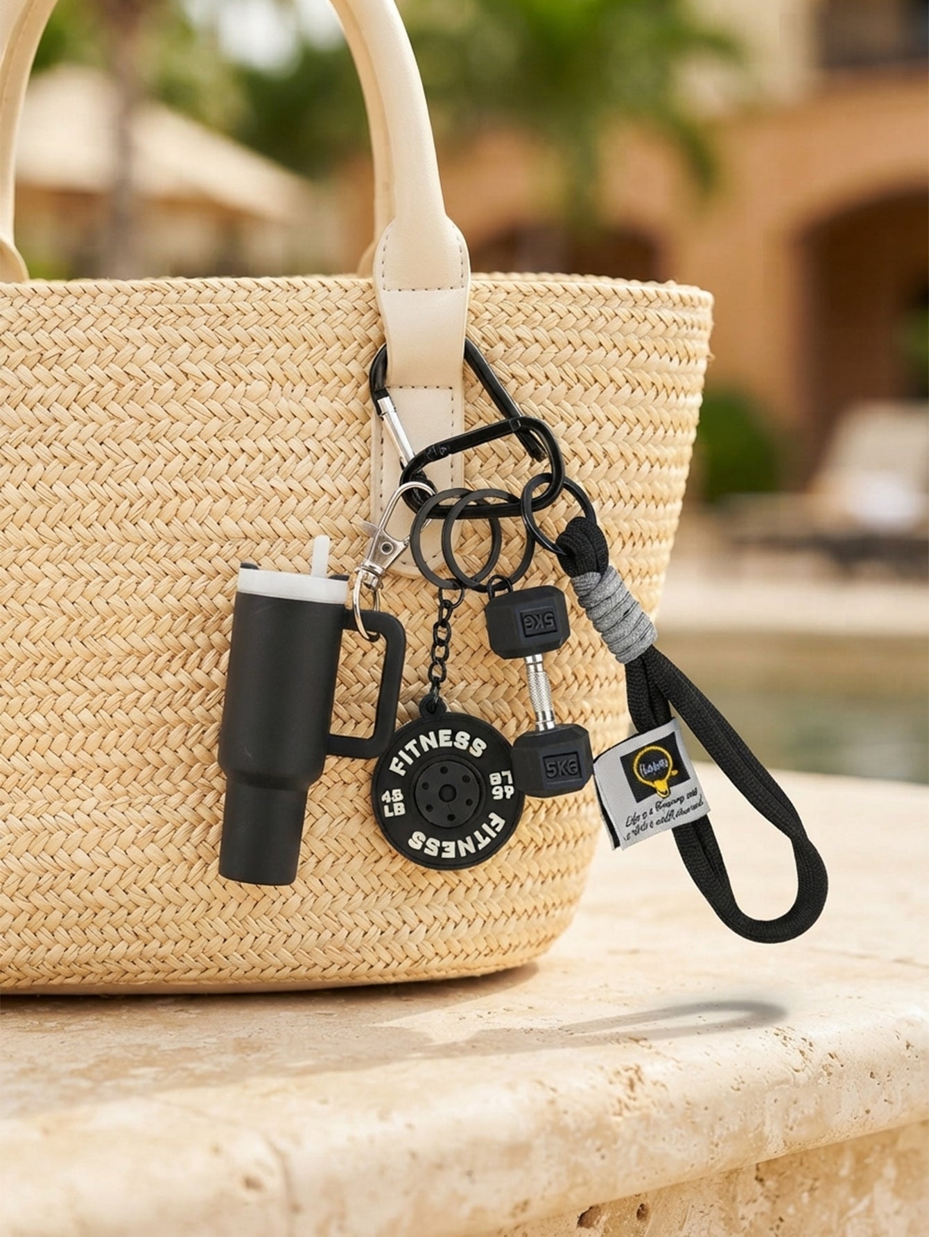 Pink bottle and dumbbell fitness keychain | KCA085-06 | image 2