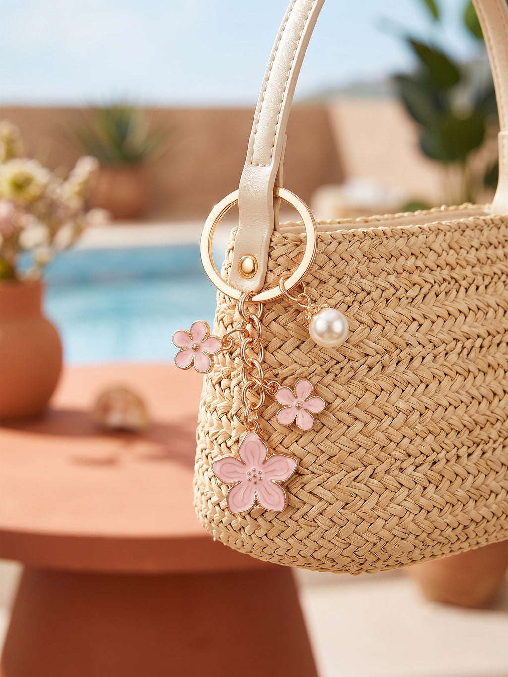 Pink cherry blossom keychain with pearl details | KCA070-12 | image 2